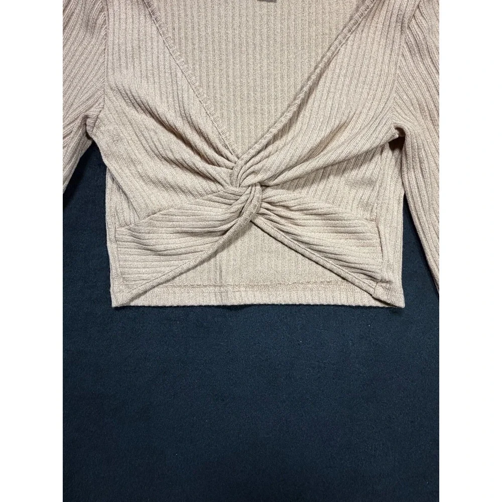SHEIN Women's Beige Ribbed Twist Front Long Sleeve Crop Top XS